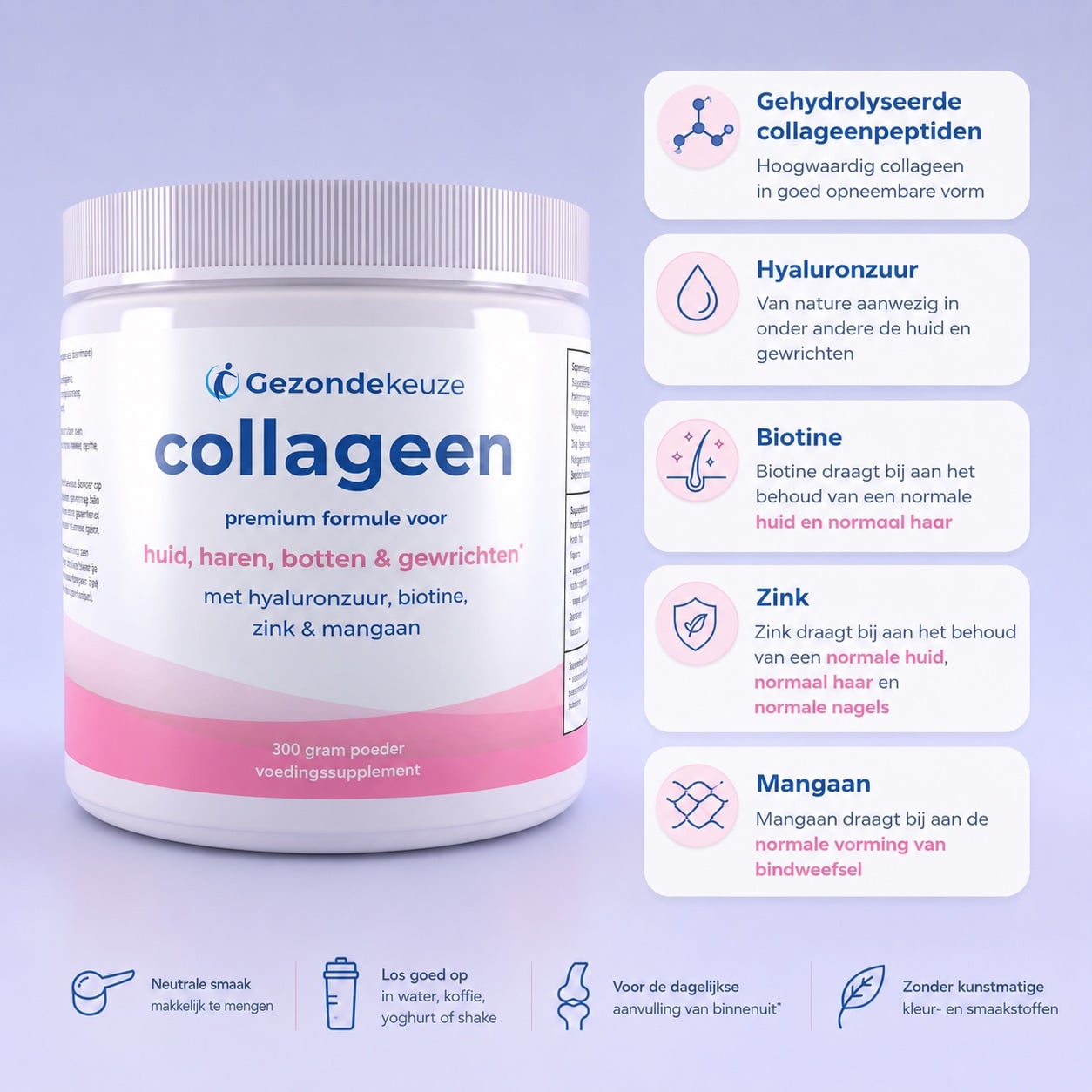Gezondekeuze Collageen pot met schepje en ingrediënten uitgelicht