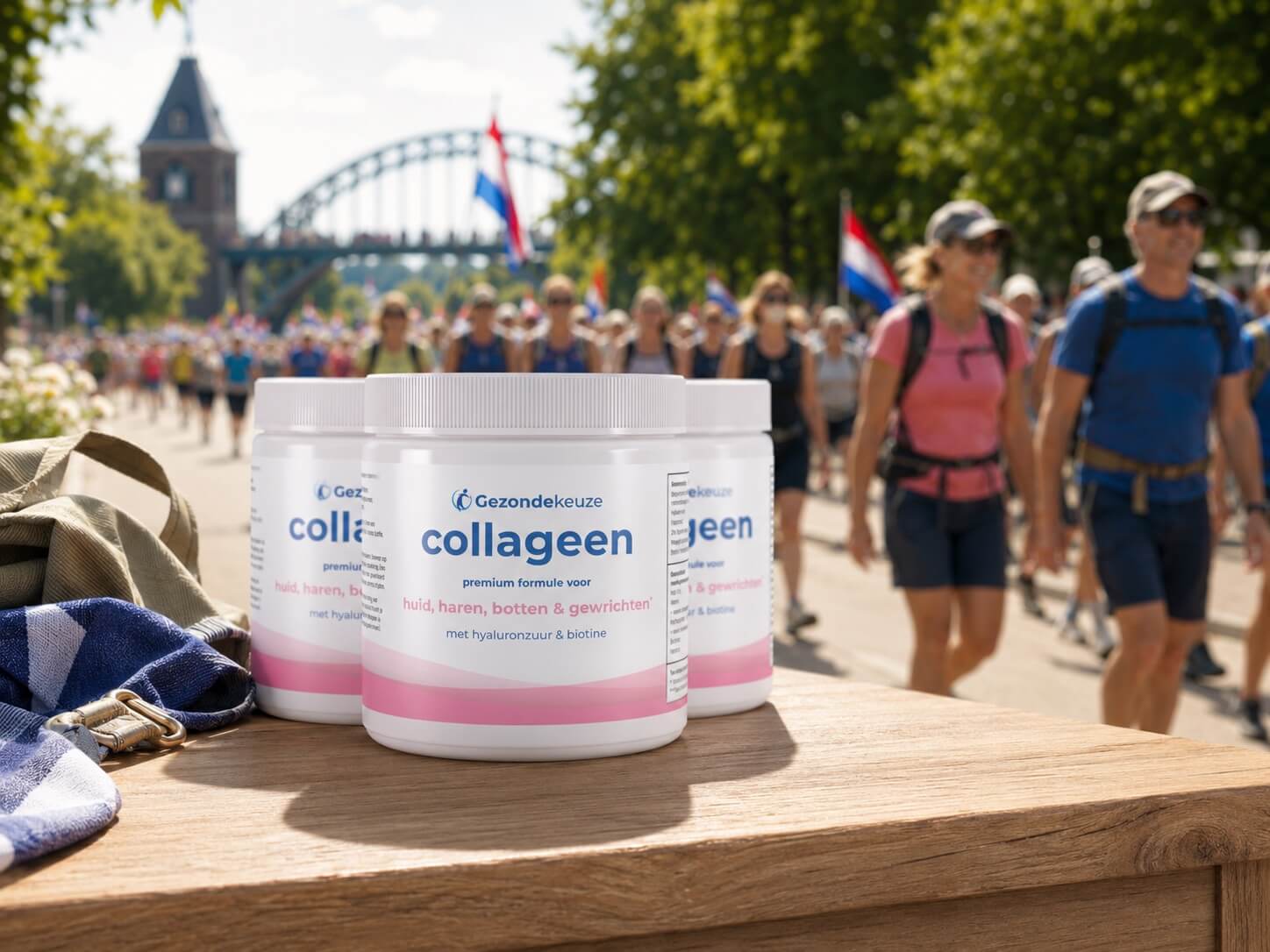 Gezondekeuze Collageen potten met sfeerbeeld van de Vierdaagse wandelaars